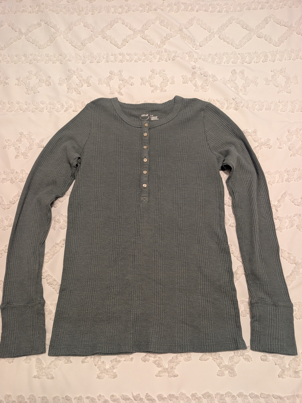 aerie Ribbed Henley Long-Sleeve Top in Dusty Teal Size Medium